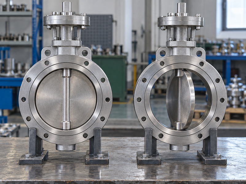 Illustrative high temperature butterfly valve metal seat position review with two separately supported valves, one closed and one partly open, on a workshop bench.