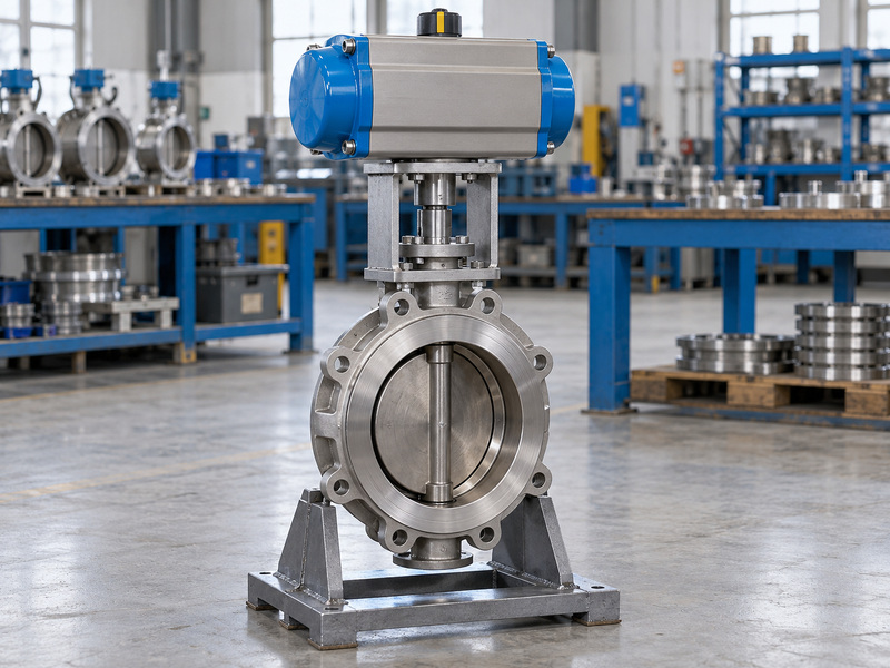 Illustrative high temperature butterfly valve metal seat mounting review with a static valve and actuator assembly, an extended bracket, a visible shaft coupling, and a stable support frame.