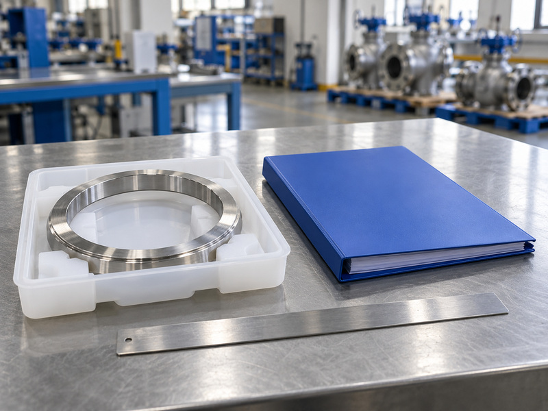 Illustrative high temperature butterfly valve metal seat submittal review with a metal ring in a protective tray, a closed plain folder, and an unmarked metal straightedge.