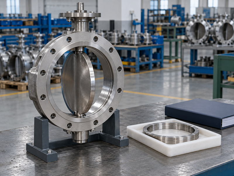 Illustrative high temperature butterfly valve metal seat specification review with a partly open supported valve, a separate metal ring in a protective tray, and a closed plain folder.