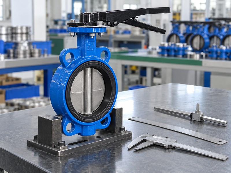 how does a split butterfly valve work illustration showing measuring tools beside a valve interface on an inspection bench