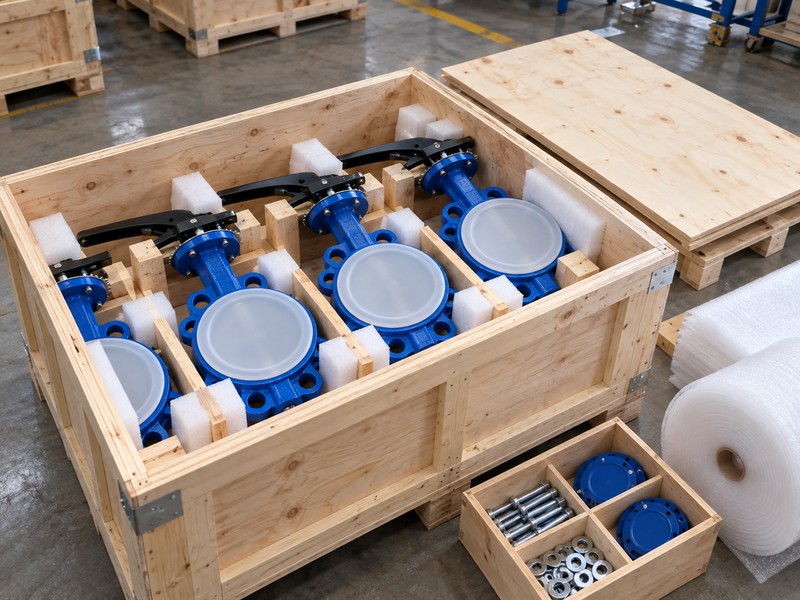 how does a split butterfly valve work illustration showing protected valve assemblies inside a transport crate