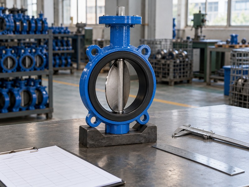 How to measure butterfly valve size with a valve, ruler and caliper on an inspection bench