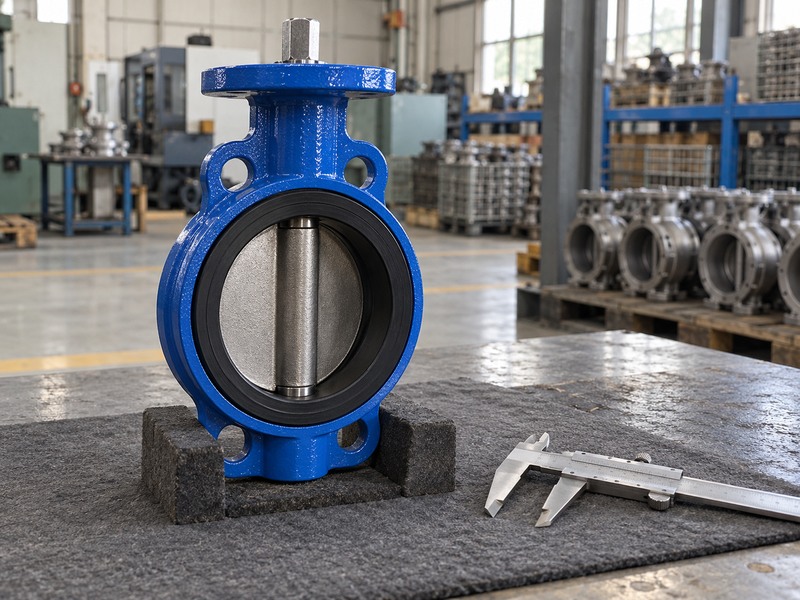 Short wafer butterfly valve body supported beside a closed caliper
