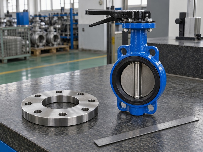 Separate eight-hole flange and wafer valve on an inspection bench