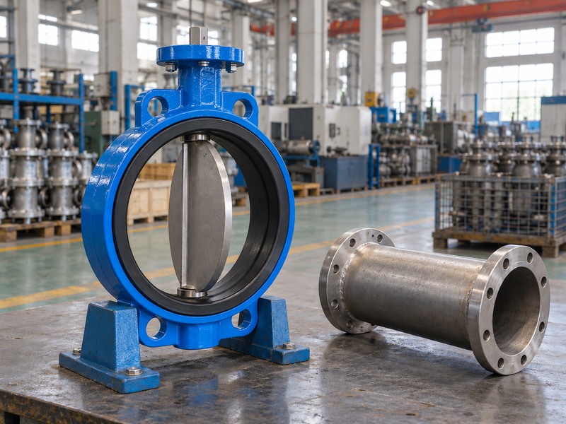 Open butterfly valve disc and separate straight pipe spool