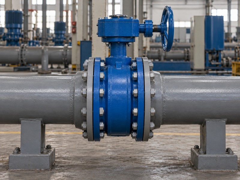 Gear-operated double-flanged valve in a supported straight pipe
