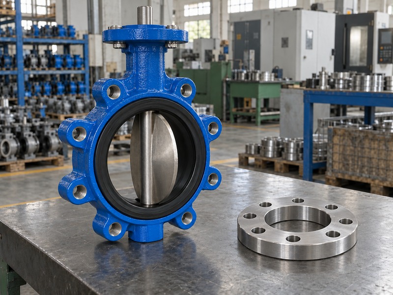 Lug butterfly valve beside a separate eight-hole mating flange