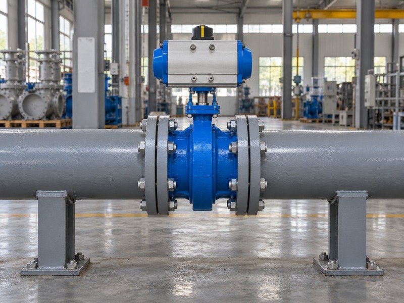 Actuated butterfly valve in a straight independently supported water pipe