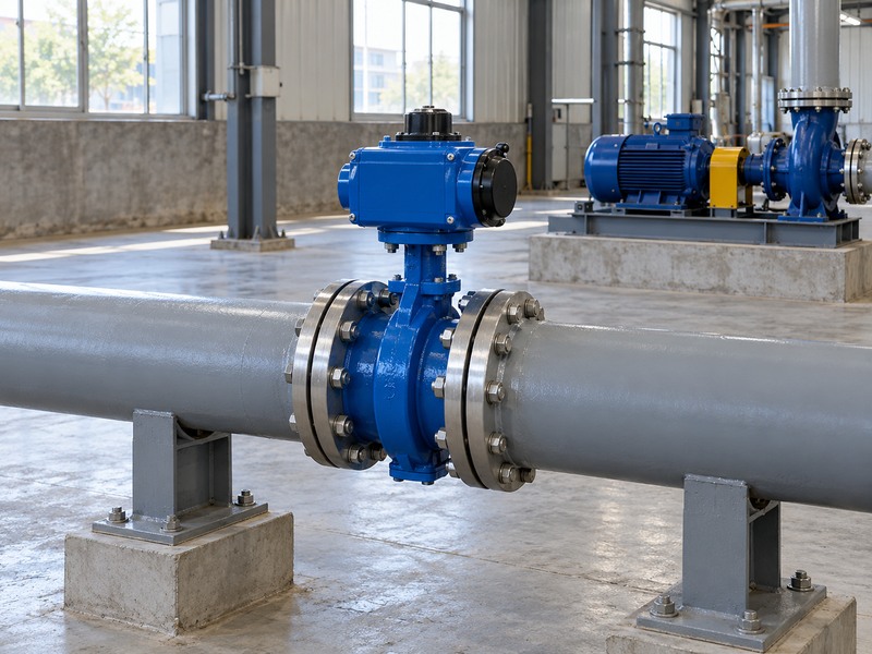Actuated butterfly valve in a supported cooling-water pipe