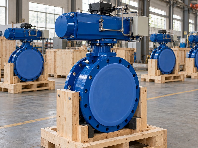 Protected actuated butterfly valve secured in a shipping cradle