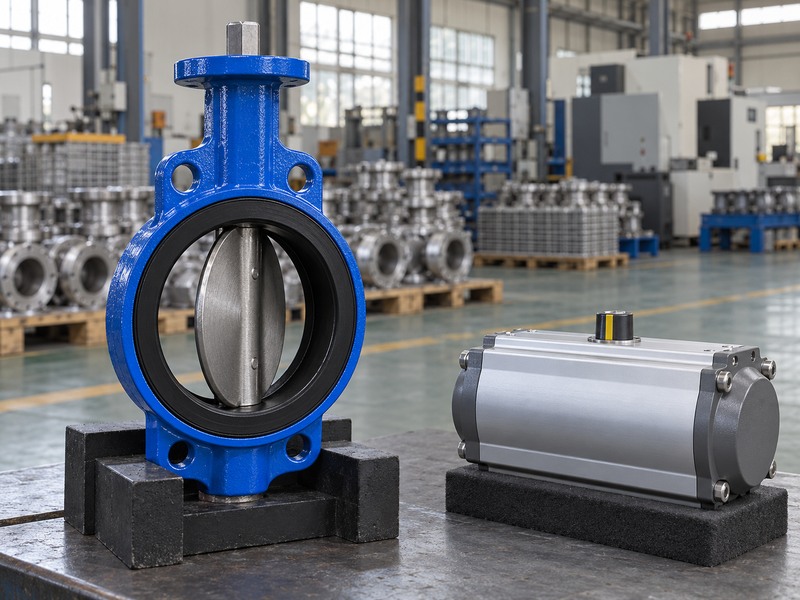 Separate wafer butterfly valve and pneumatic actuator on bench supports