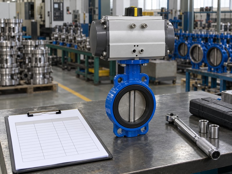 Blank torque review worksheet beside a pneumatic valve package