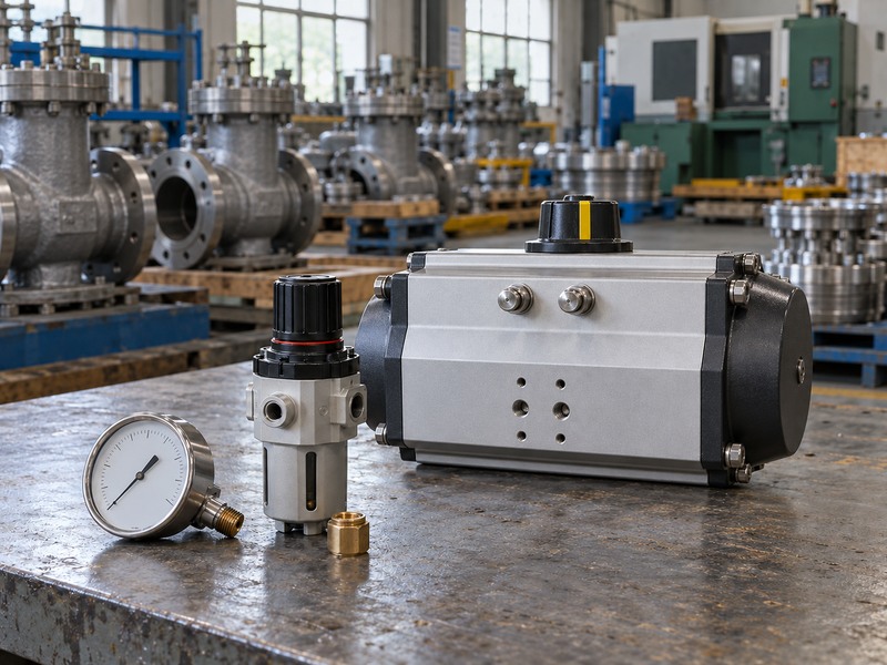 Disconnected pressure gauge and regulator beside a pneumatic actuator