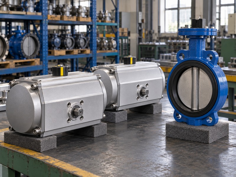 Two separate pneumatic actuator housings beside a butterfly valve