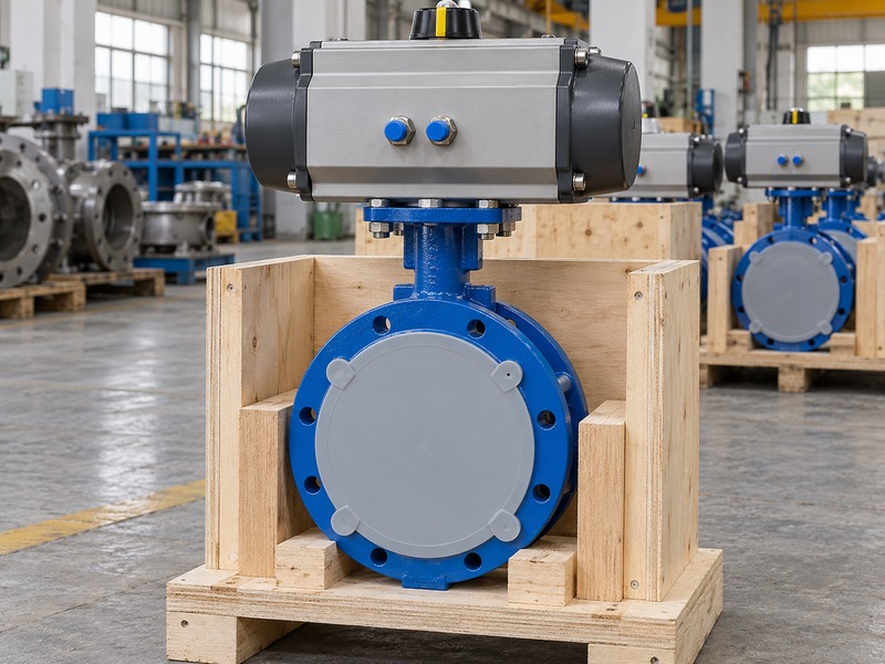 Protected pneumatic butterfly valve assembly secured in a packing cradle