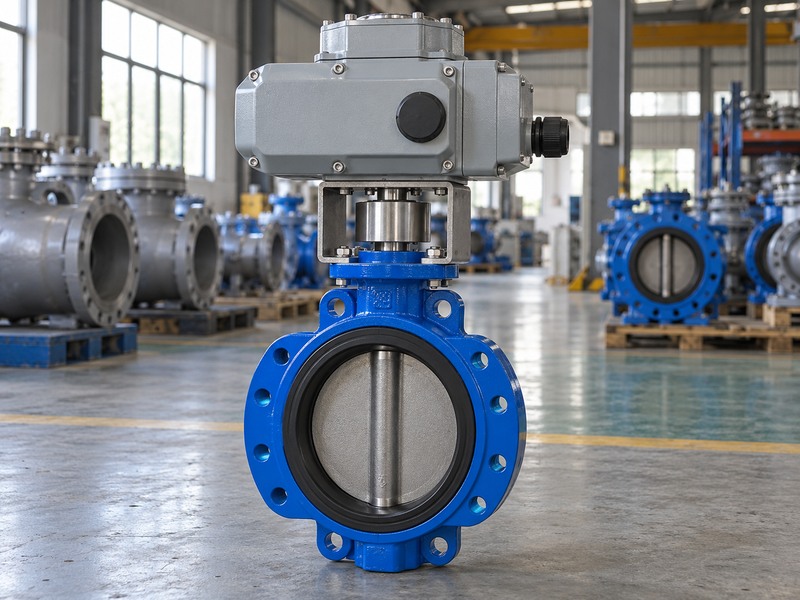 Electric actuator mounted above a butterfly valve