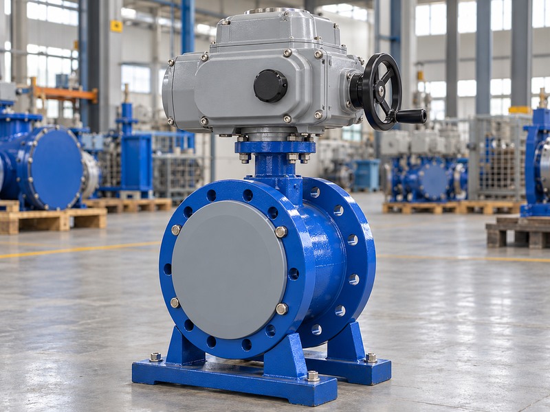 Electric butterfly valve package with a side manual-override handwheel