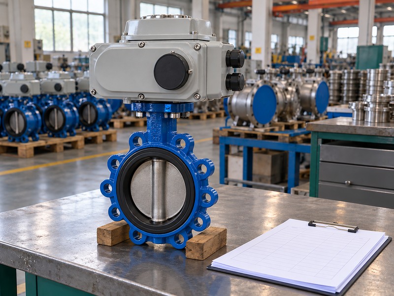 Electric butterfly valve beside blank functional-review paperwork