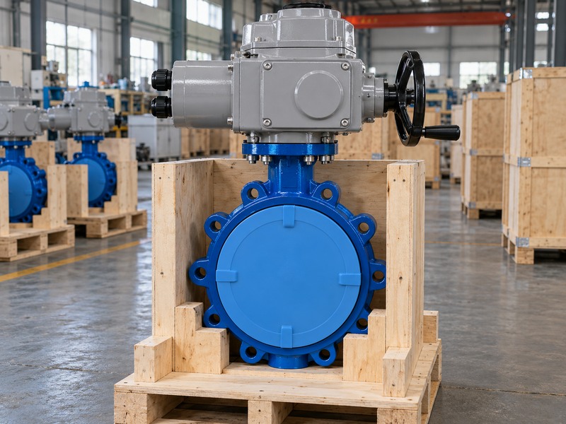 Protected electric butterfly valve secured in a wooden cradle