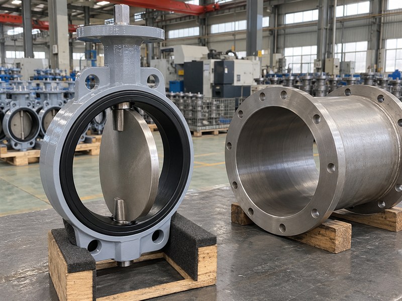 Partly opened JIS 10K butterfly valve disc and separate pipe spool