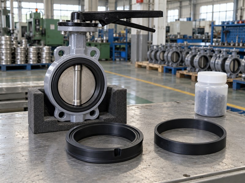Seat material samples beside a JIS 10K butterfly valve