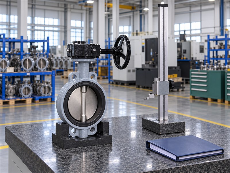 JIS 10K butterfly valve at a dimensional inspection and records station