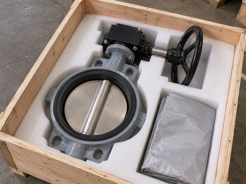 JIS 10K butterfly valve protected in a fitted shipping case