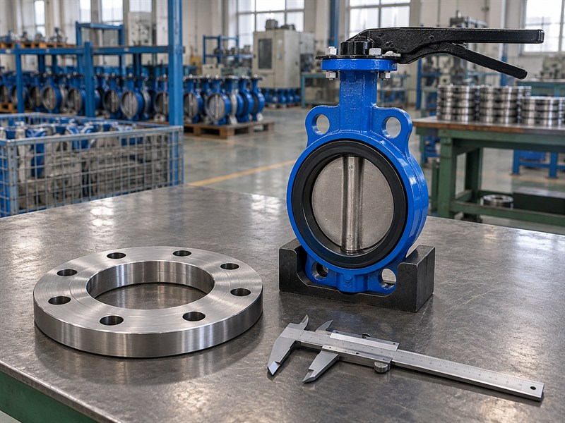 Detached mating flange and JIS butterfly valve prepared for dimensional checks