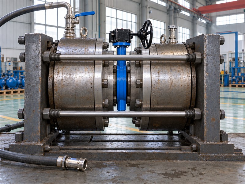 Secured JIS butterfly valve in a controlled hydrostatic inspection fixture