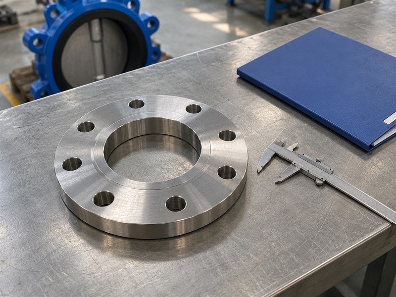 Flange drilling and caliper beside a valve dimensional sample