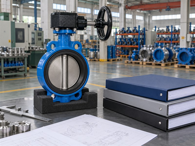 JIS butterfly valve standard review with a valve and separate document folders