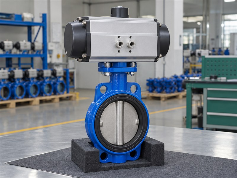 JIS pneumatic butterfly valve assembly prepared for inspection