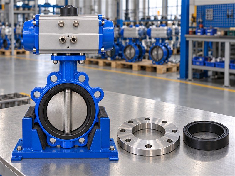 Flange and seat components beside a JIS pneumatic butterfly valve