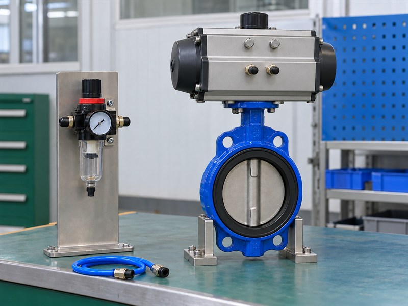 Air preparation equipment beside a JIS pneumatic butterfly valve