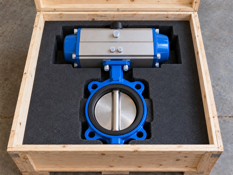 JIS pneumatic butterfly valve protected in a fitted shipping case
