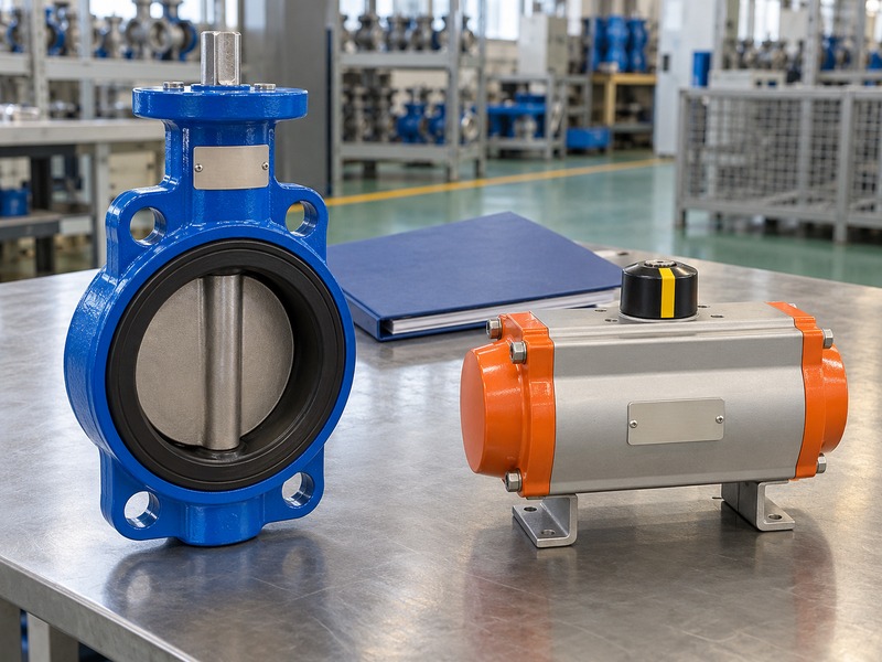 keystone dn80 butterfly valve — Separate generic unbranded wafer valve and pneumatic actuator with blank identification plates
