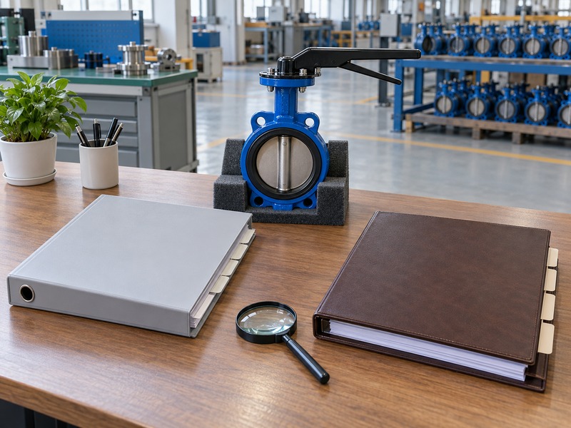 keystone dn80 butterfly valve — Generic unbranded valve in foam support beside blank document binders and magnifier