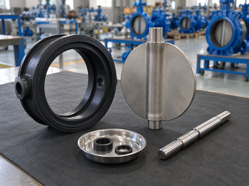 keystone dn80 butterfly valve — Separate generic seat sleeve, metallic disc, shaft and auxiliary seals on an inspection mat