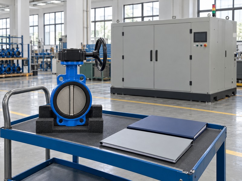 keystone dn80 butterfly valve — Generic geared wafer valve on a trolley beside blank folders and a closed test cabinet