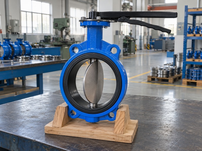 keystone dn80 butterfly valve — Generic unbranded wafer valve with a partly open disc in a wooden support