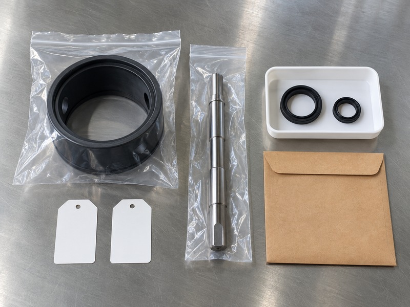 keystone dn80 butterfly valve — Separate bagged generic seat sleeve and shaft beside sealing rings, blank tags and parts envelope