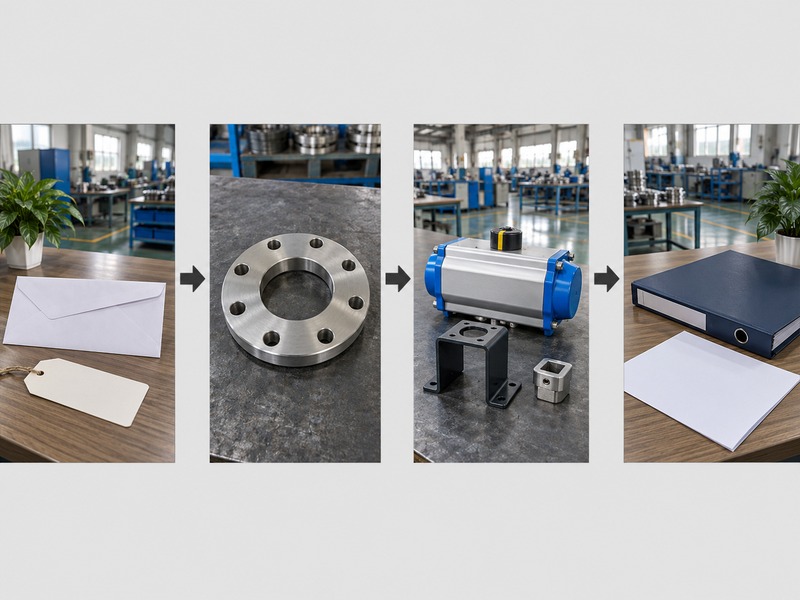 keystone dn80 butterfly valve — Four-panel generic alternative-valve review illustration covering identity, flange, actuator and records