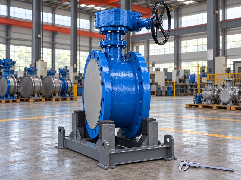 Side-oblique view of a protected large flanged butterfly valve