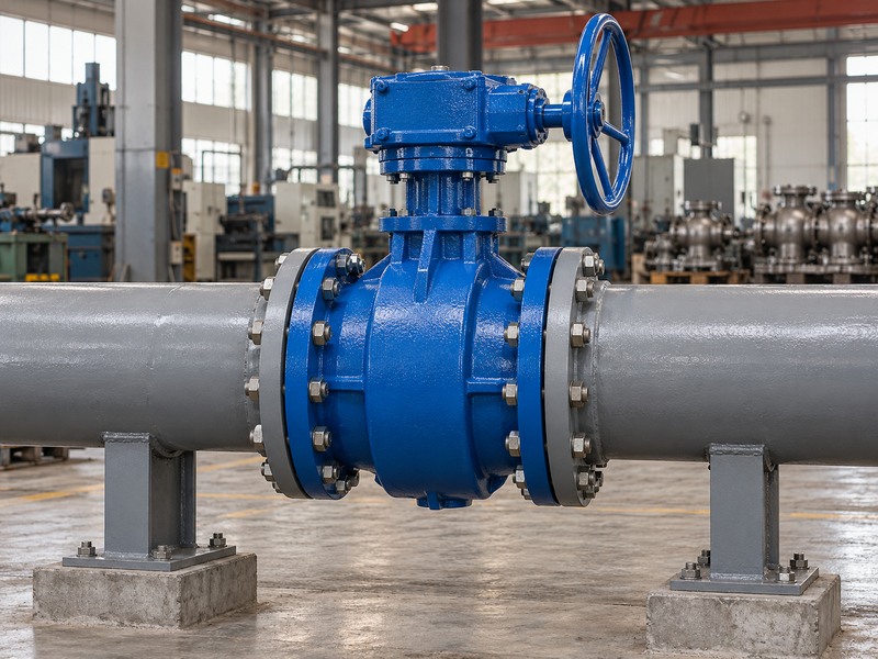 Gear-operated butterfly valve in a straight independently supported pipe