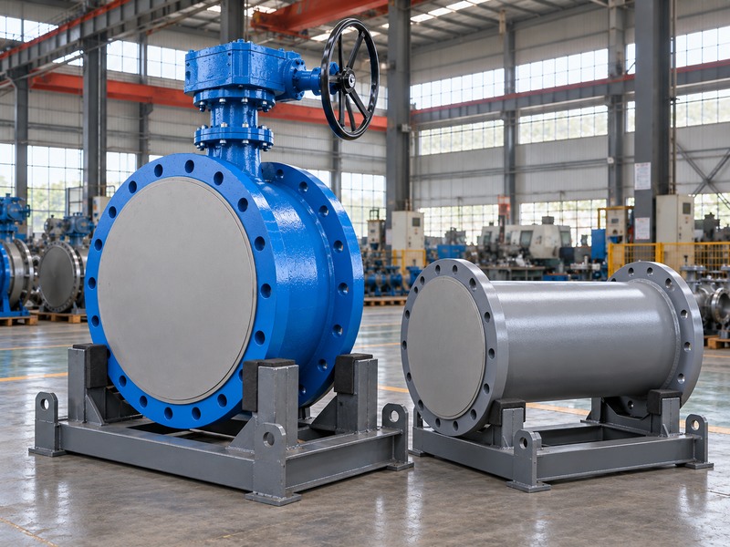 Large protected butterfly valve beside a separate pipe spool