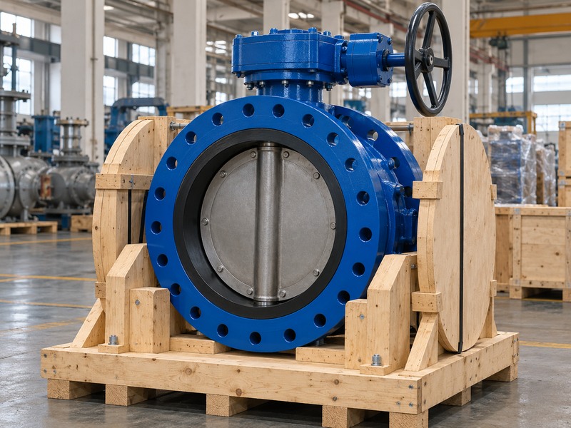 Large gear-operated butterfly valve secured in a wooden cradle