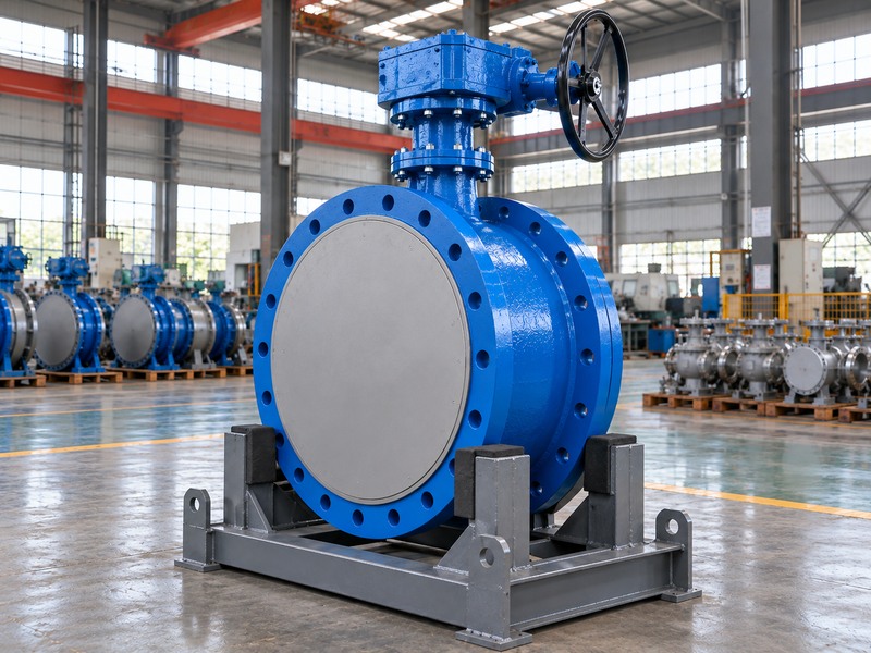 Complete protected flanged valve and top gearbox on a steel cradle