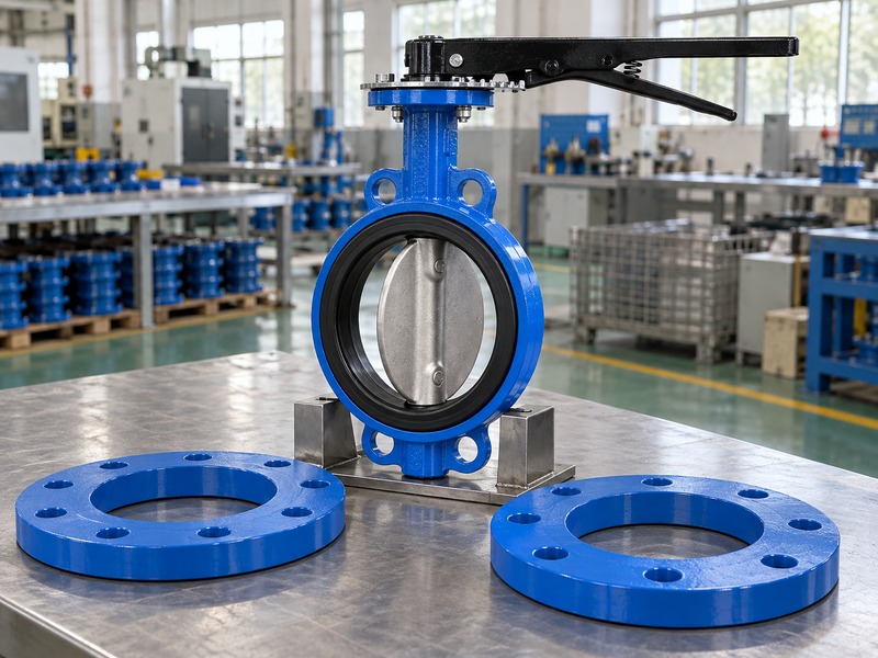 manual butterfly valve: unconnected lever-operated valve with separate pipe flanges