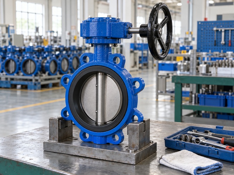 manual butterfly valve: isolated manual gearbox assembly on a maintenance bench